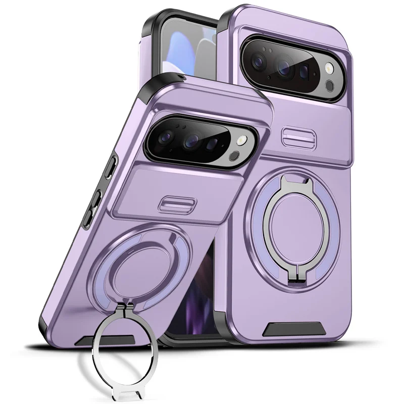Enhanced Protective Armor Case with Magnetic Ring Bracket and Slide Lens Cover