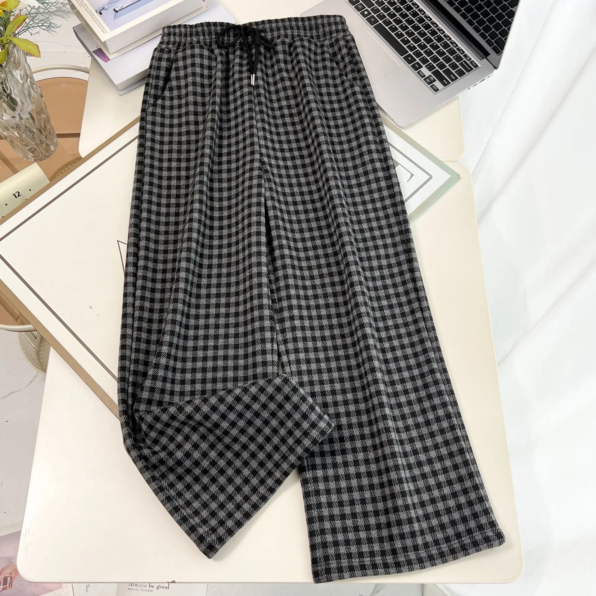 XXXXL Fashion Plus Size Women's Straight Leg Pants 2025 Autumn/Winter New Simple Casual Fleece Plaid Woolen Trousers 8600