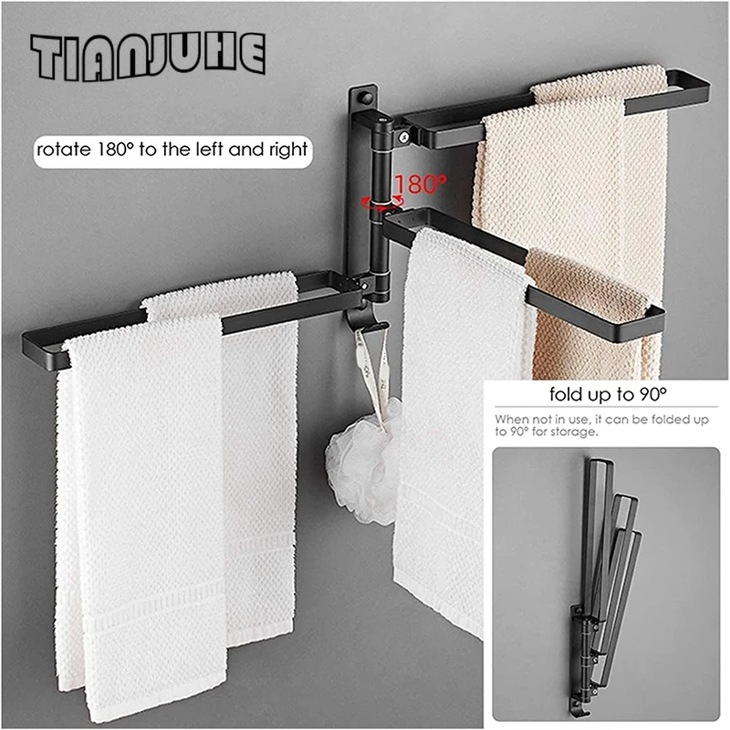 Bathroom Rotating Towel Bar Wall-Mounted Towel Rack Three-bar Folding Arm Rotating Hanger Rack Storage