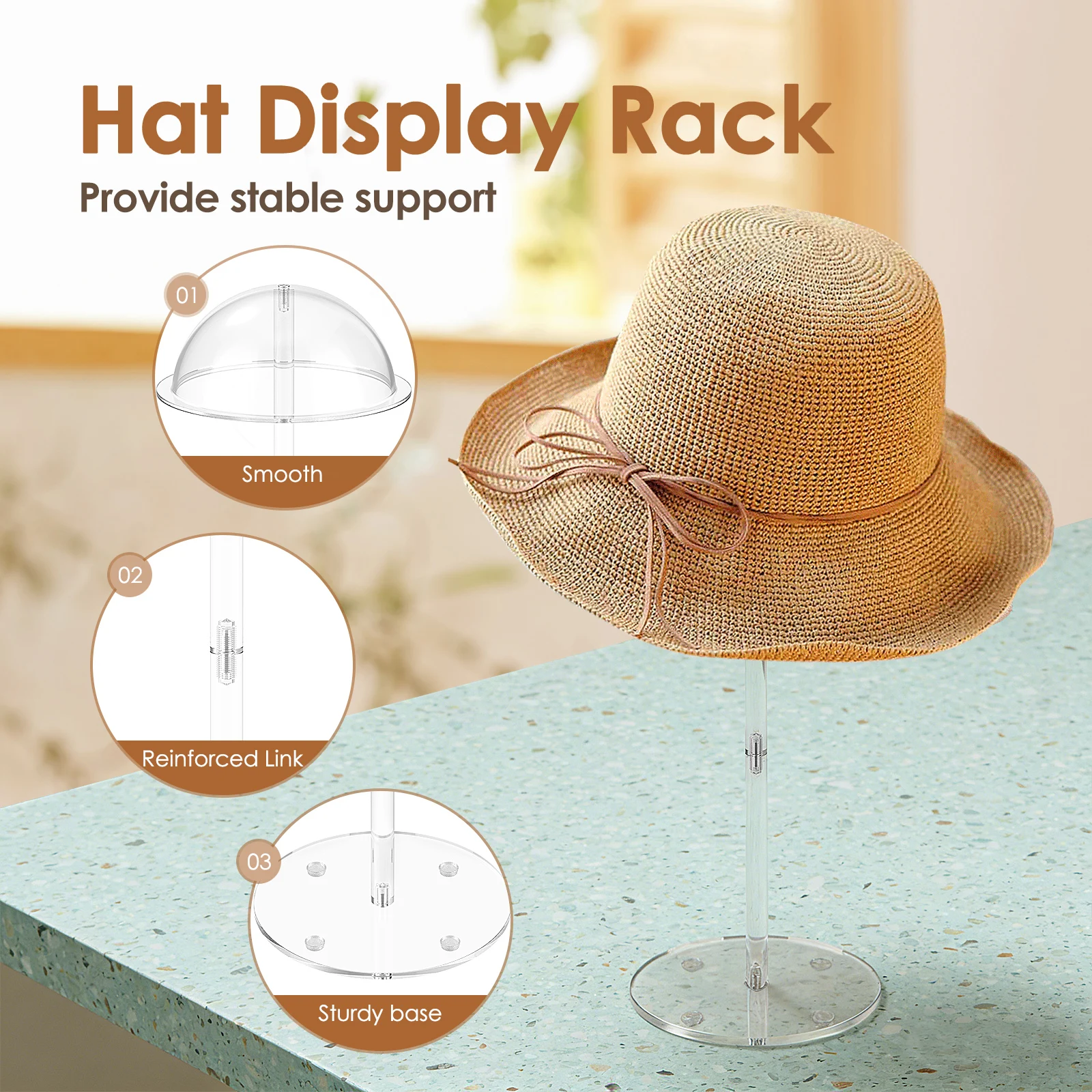 40cm Hat Display Stand Acrylic Clear Domed Baseball Cap Holder with Round Base Wig Display Rack Tabletop Organizer Storage Rack