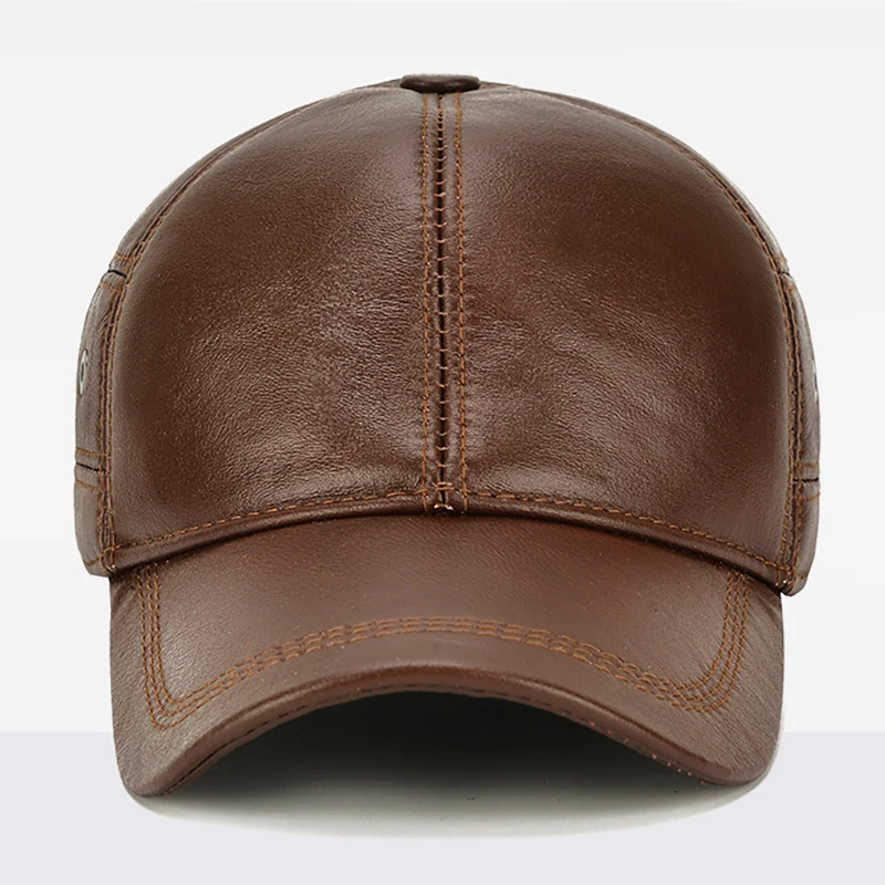 2025 New Style Men Cowhide Hat Winter Warm Outdoor Protect Ear Real Leather Adjustable Baseball Cap Men Real Cowhide Leather Cap 2