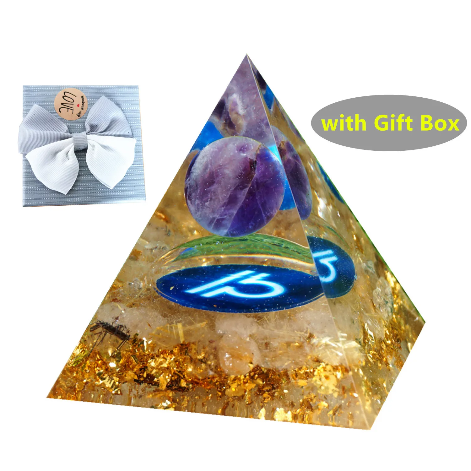 

Amethyst Crystal Sphere Zodiac Orgone Pyramid LIBRA Geometry Pattern with Rutilated Quartz Stone Orgonite Pyramide