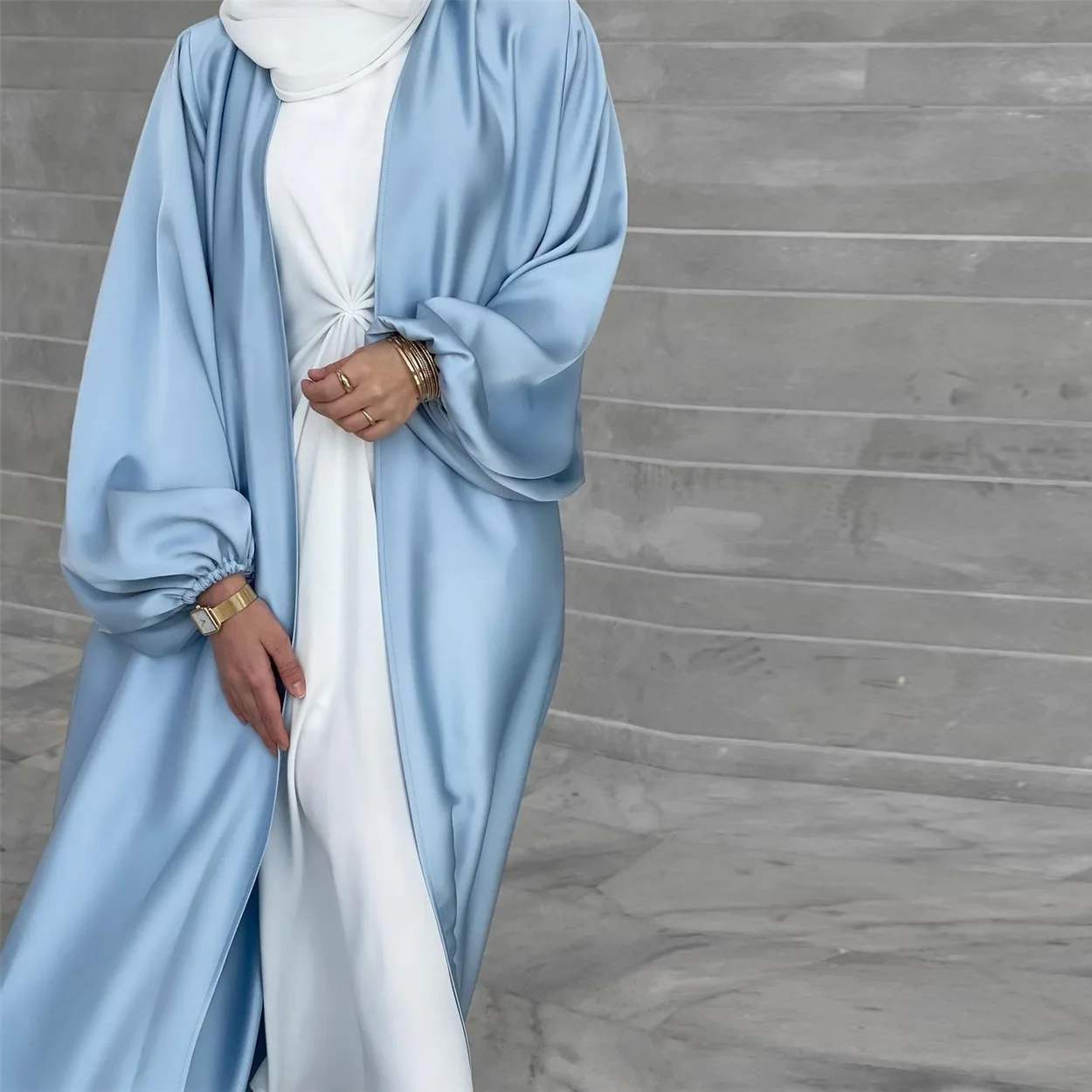 Hot Sale Well Made Islamic Clothing Eid Clothes Puff Sleeve Women Dubai Muslim Thickened Satin Open Abaya With Pockets And Belt