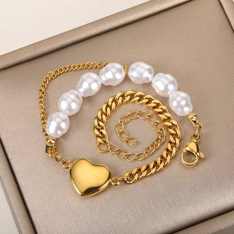 Bracelet de perles double couche pour femme, pendentif coeur en cristal, acier inoxydable, bijoux de mariée, cadeau de fête, mode, 2022