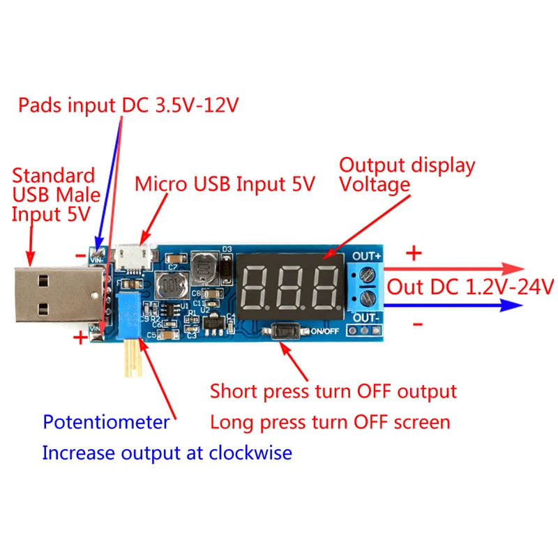 Stlxy DC-DC USB 스텝 업 다운 전원 공급 장치 모듈, 조정 가능한 부스트 벅 컨버터, 출력 DC 1.2V-24V, 5V 3.5V, 12V