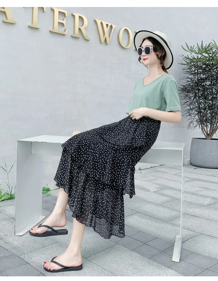 Summer Skirts Womens 2022 New Polka Dots Floral Print Chiffon Pleated Skirt Irregular Cake Skirt Casual Midi Skirt Women Clothes hoop skirt