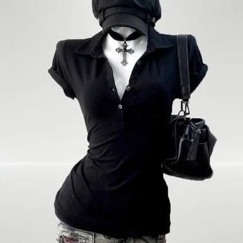 Graphic Harajuku POLO Collar Solid Short Sleeve Women's T-shirts 90s Clothes Vintage Women  Female Trashy Y2k 2000s Tops Gothic 1