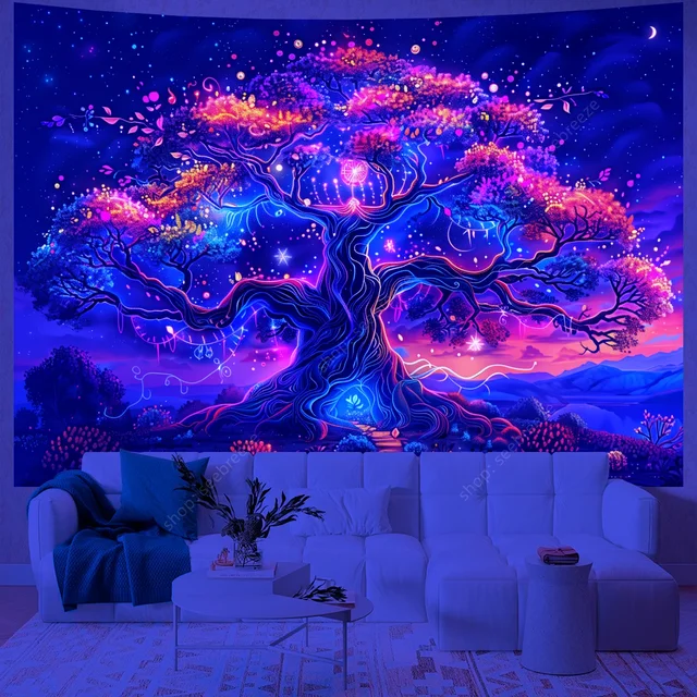 Arbre de vie tapisserie réactive UV nuit étoilée tapisserie tenture murale décor de chambre esthétique Hippie décoration murale de maison cadeau pour ami 5
