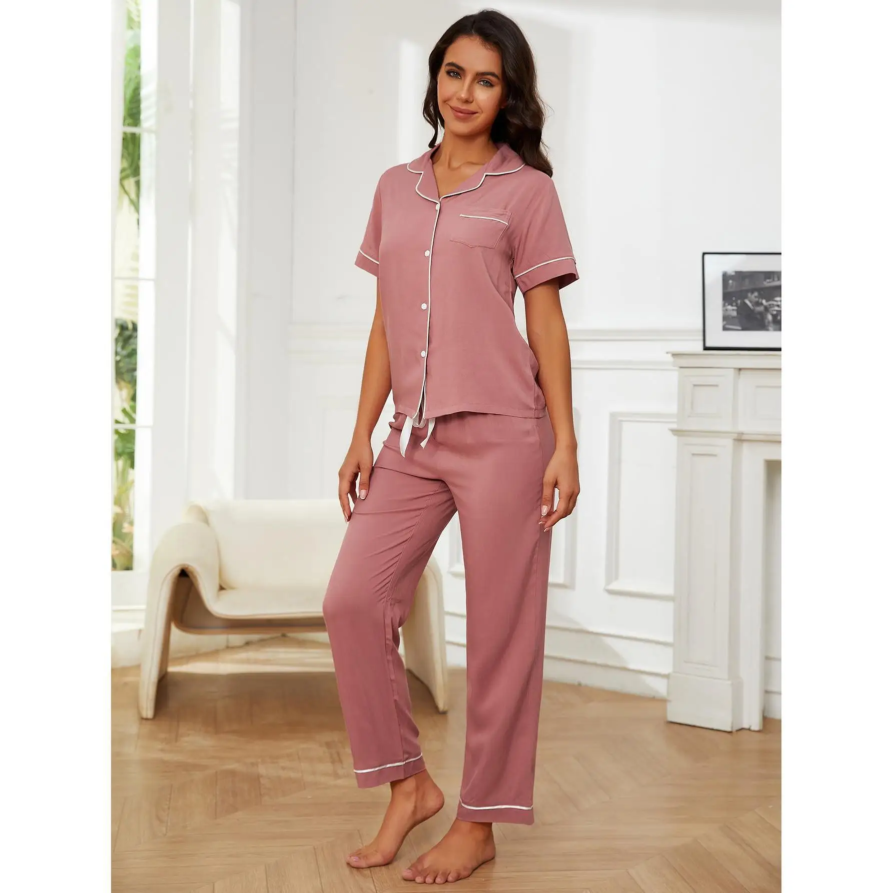 

Pajama women's spring solid color short sleeved long pants home clothing two-piece set for women sleepwear women pyjama