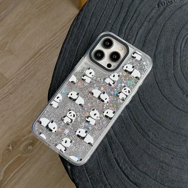 Transparent Border Silver Quicksand Snake Butterfly Panda iPhone 12 13 14 15 Pro Max Case - Protective iPhone Case
