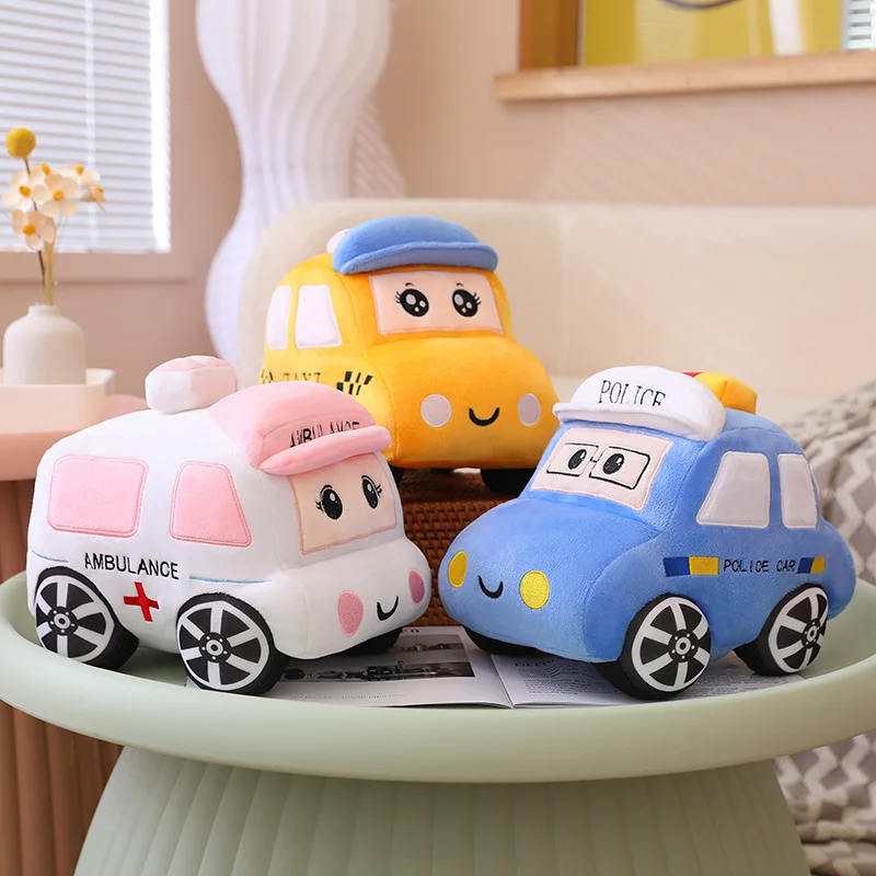 

New Cartoon Cars Peluche Toys Kawaii Police Cars Ambulances Taxis Plushie Dolls Stuffed Soft Toy Kids Baby Creative Gift