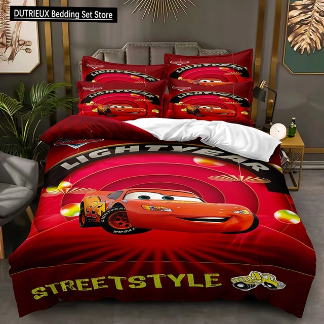 Ensemble de draps imprimés Lightning McQueen, motif de film automobile, literie confortable pour garçons et adultes, ensemble 3 pièces, taille complète 1