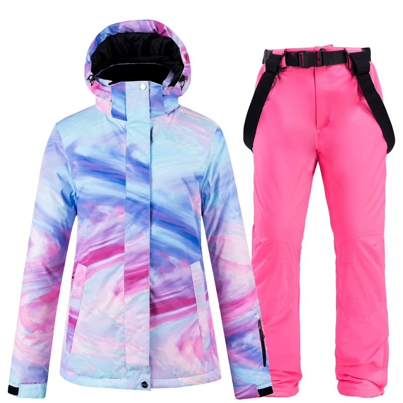 Ski Wear Women Snow Wear Suit Sets Snowboard Clothing Waterproof Winter Costume Ski Jacket and Strap Pant Belt Bibs