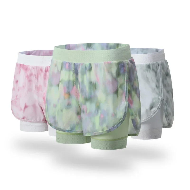 New Colorful Print Summer Women's Sports Cool Feeling Yoga High Waist Shorts Fake Two-Piece Running Shorts Breathable Comfortabl