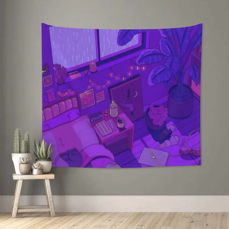 

Purple Art Anime Cat Tapestry Wall Hanging Hippie Polyester Tapestry Manga Kawaii Cute Bohemian Blanket Dorm Decor 95x73cm