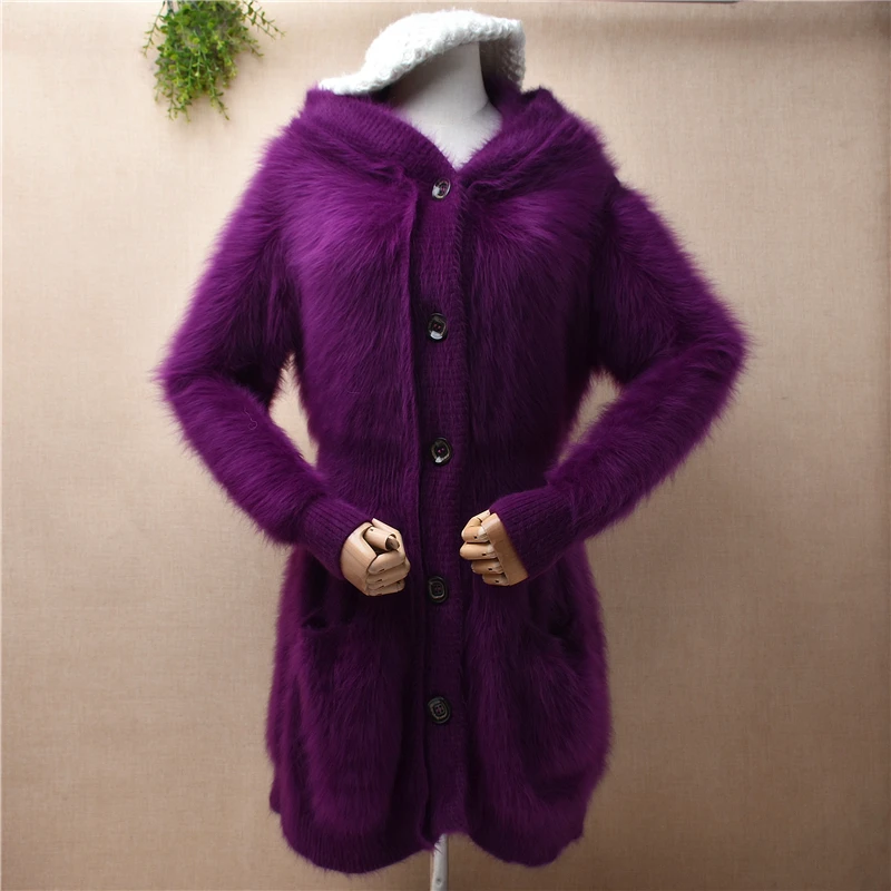 

Female Women Fashion Thick Warm Hairy Plush Mink Cashmere Knitted Hooded Long Sleeves Slim Long Cardigan Jacket Sweater Coat Top