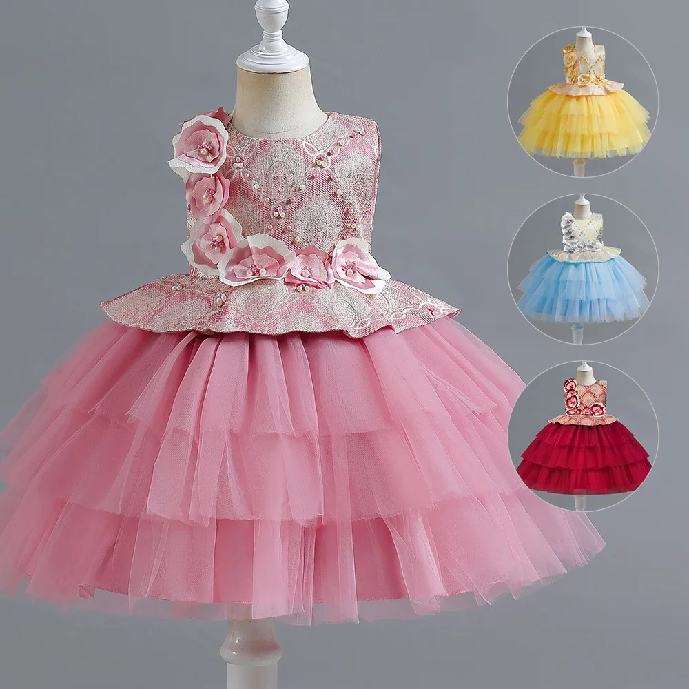 

ELBCOS 4-14T Kid Girls Beading Applique Embroidery Floral No-Sleeve Cake Skirt Dance Costumes Evening Full Dress