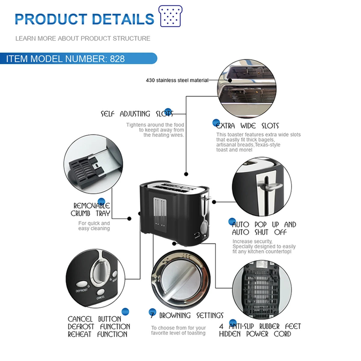 Electric Toaster Machine Home Automatic Small Stainless Steel Two Slice Toaster Breakfast Machine