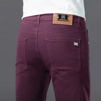 Red Wine Color Slim Fit Men's Jeans Elastic Casual Spring Summer New Style Small Foot Fashionable Male Pants