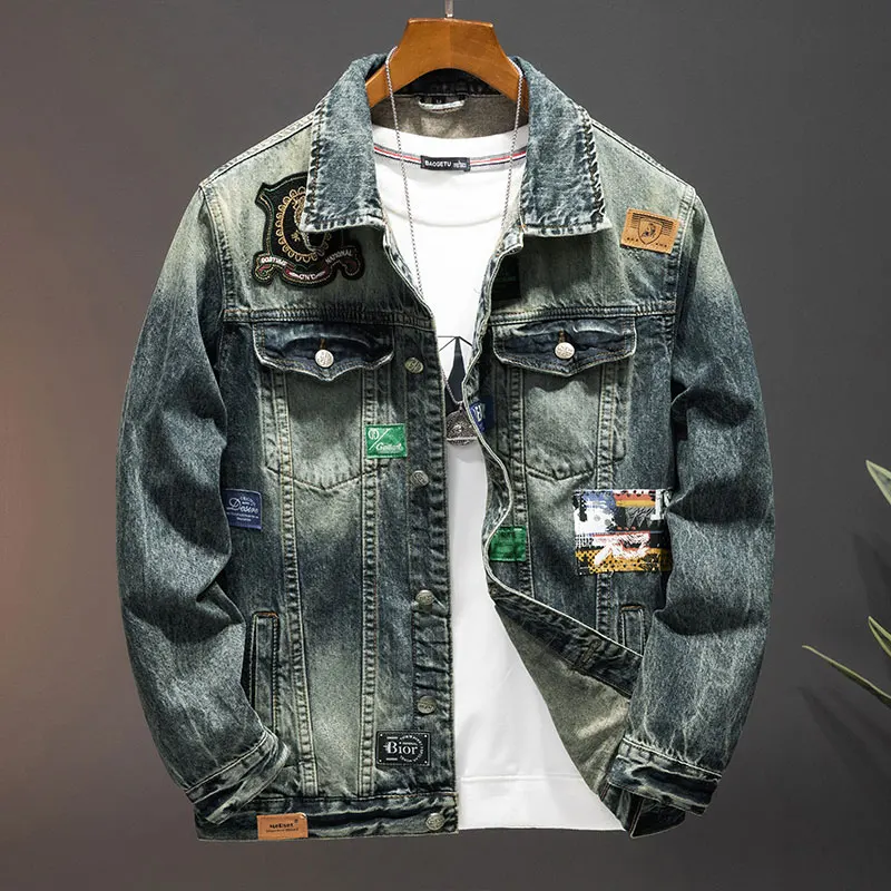 Paste Cloth Embroidery Motorcycle Denim Jacket Men's High Street Retro Loose and Handsome Fashion Motorcycle Men's Clothing