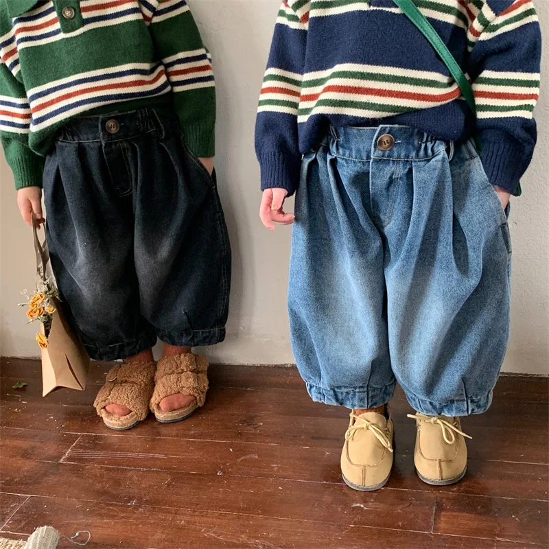 

Fashion 2023 Children's Denim Wide Leg Pants Elastic Waist Loose Blue Black Solid Baby Girls Boys Jeans Korean Kids Trousers