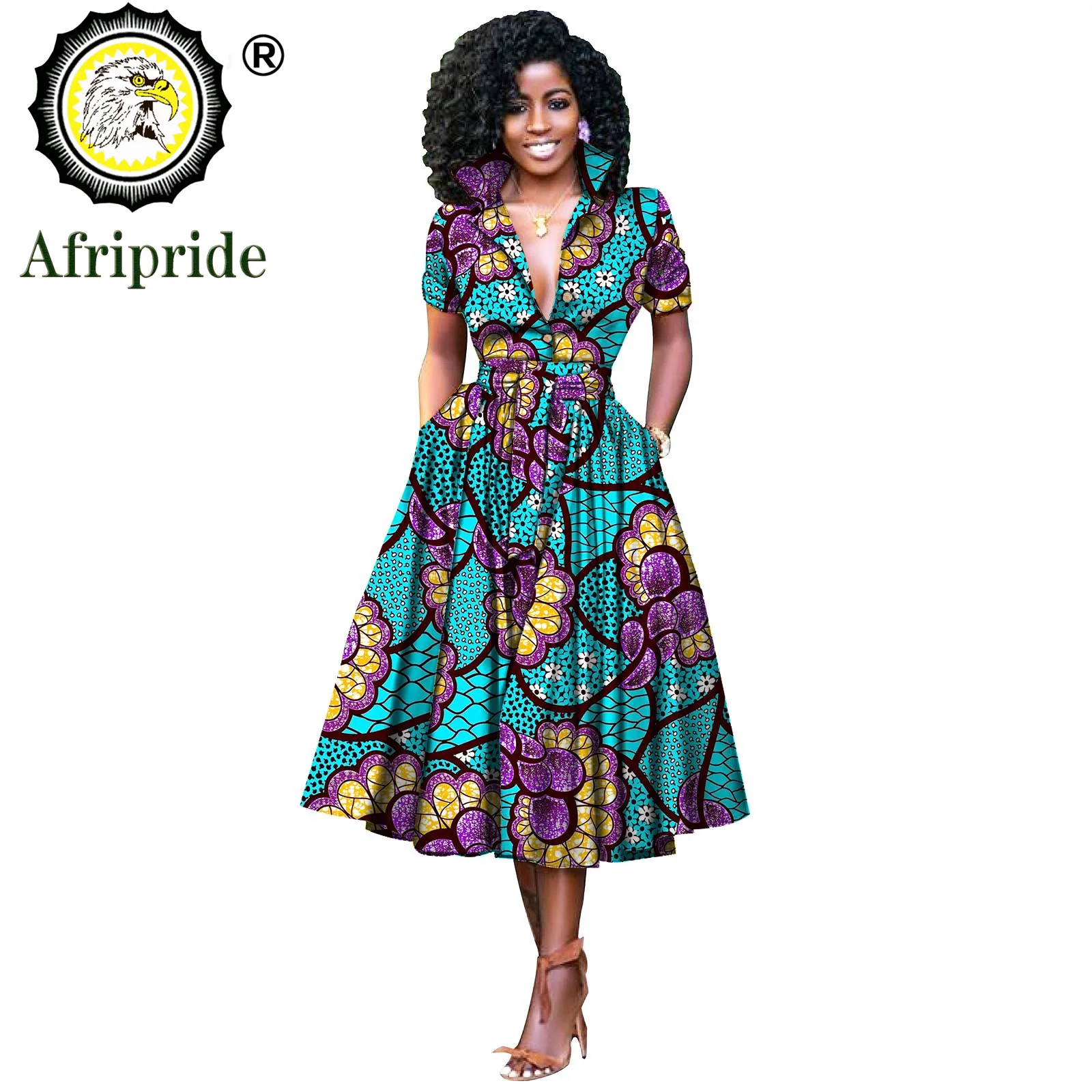 African Dresses for Women Short Sleeve V-neck High Waist Ankara Fabric Print Formal Dress Pure Cotton Bazin Riche Dress S2025072