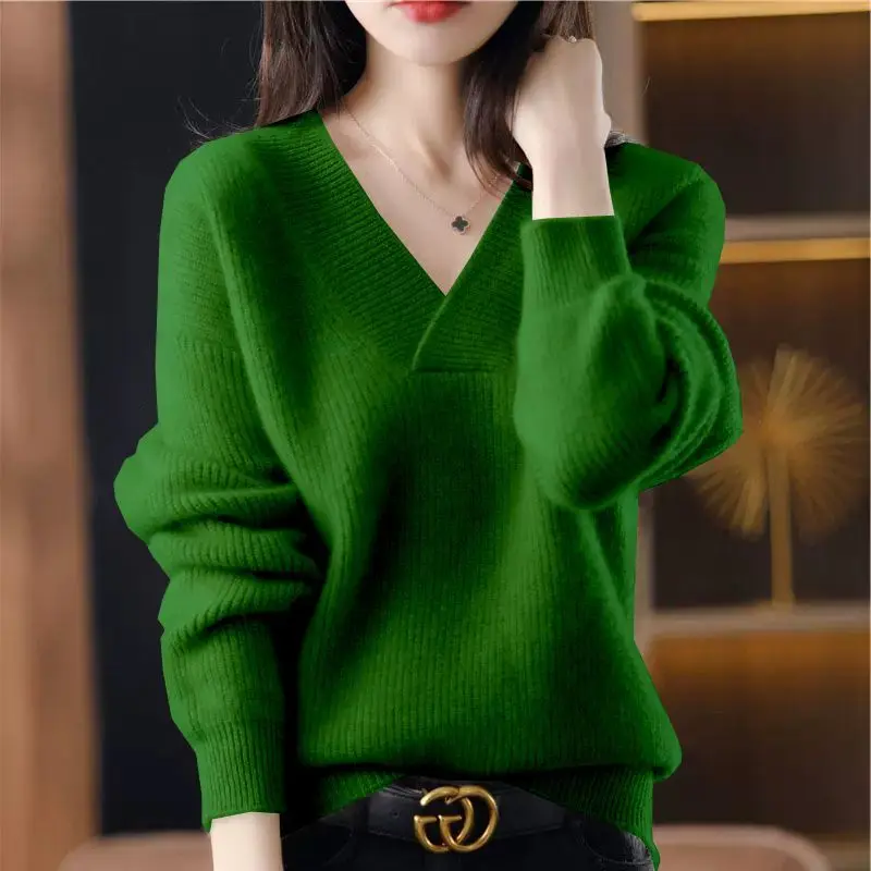 Women\'s Clothing Autumn Winter Korean Fashion Simple V Neck Knitted Sweater Solid Long Sleeve Loose Pullover Tops Casual Jumpers