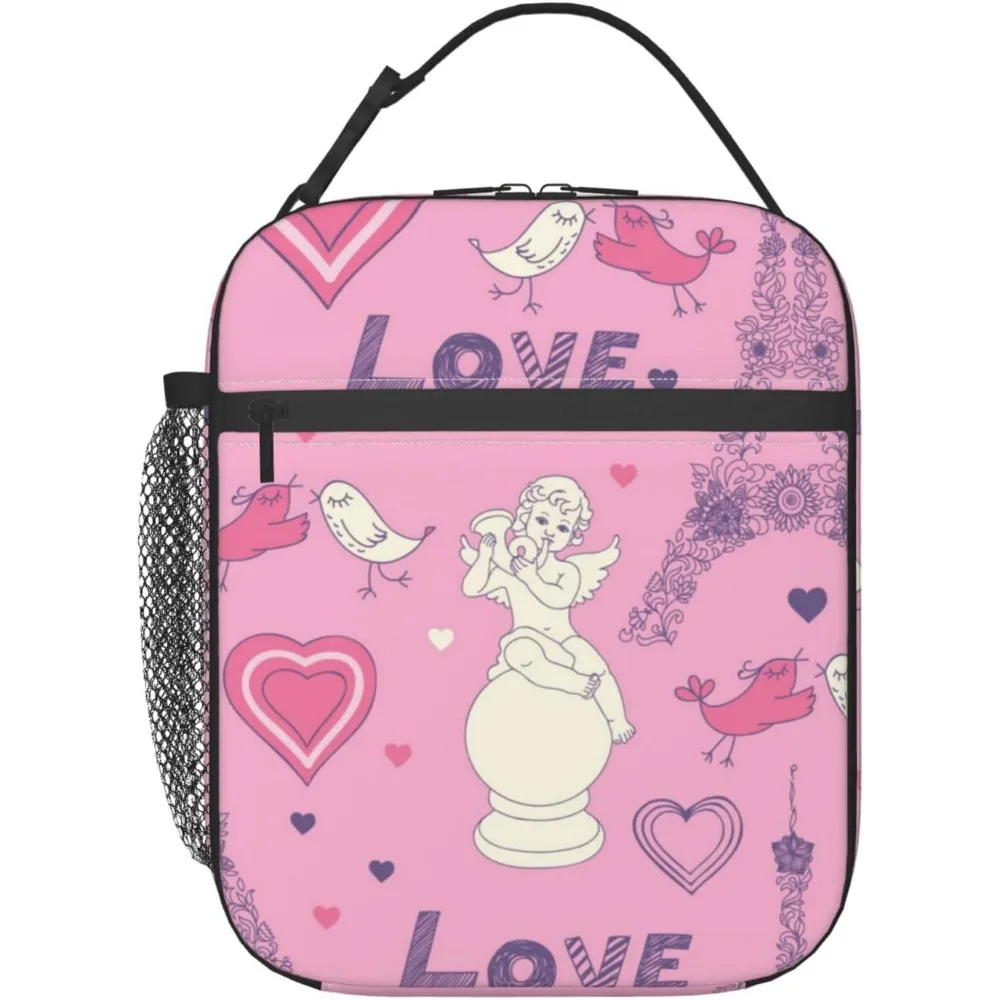 

Valentine's Day Cupid and Love Hearts Insulated Lunch Bag for Women Men Boys Girls, Reusable Portable Box for Office Travel Work