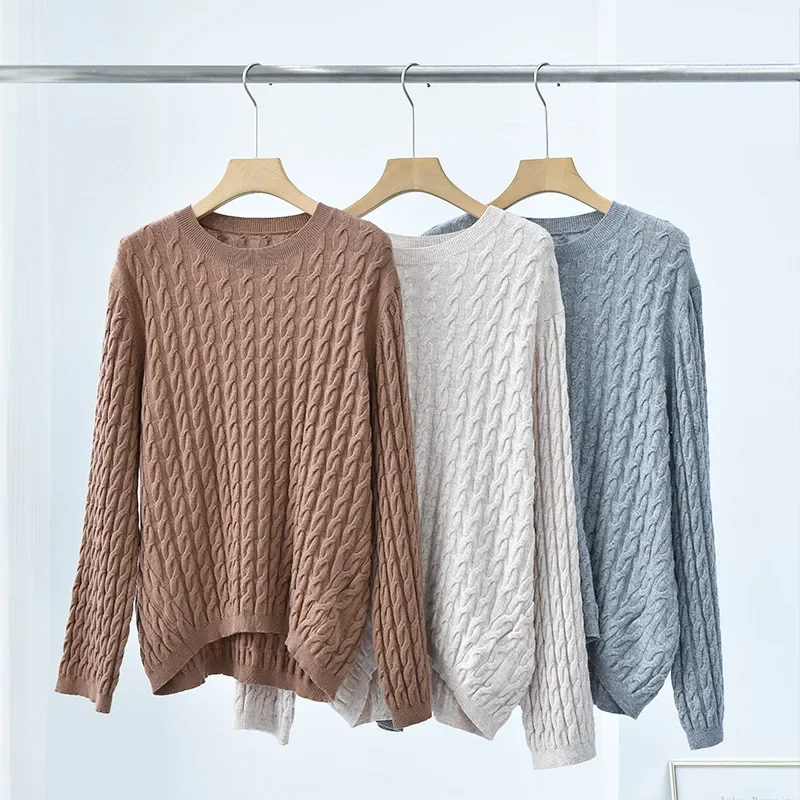

Autumn Winter 100% Pure Cashmere Sweaters Women Pullovers Sweater Round Neck Twist Wool Warm Sweater Loose Apricot Grey Brown