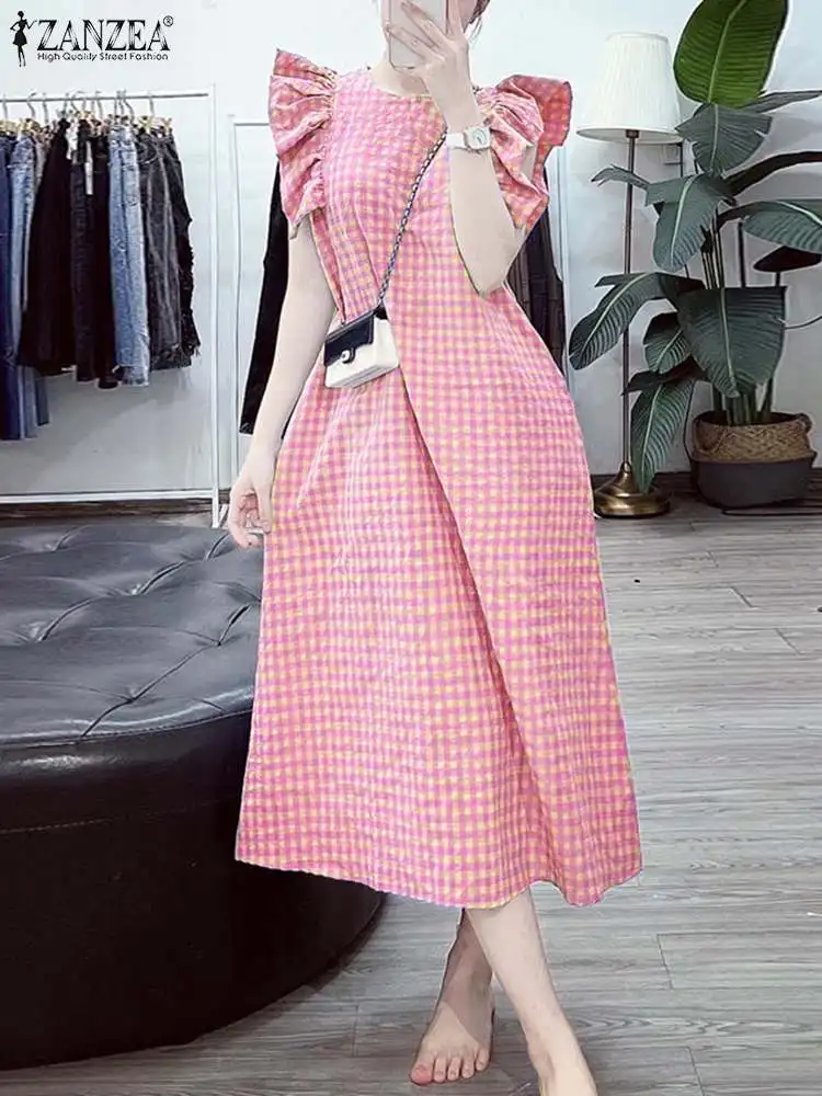 

ZANZEA 2024 Summer Vestidos Women Bohemian Plaid Dress Fashion Korean Ruffled Sleeveless Robes Casual Loose Beach Midi Sundress