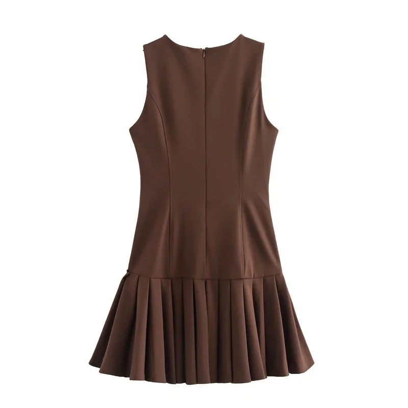 Elegant Pleated Mini Dress Women Brown O-Neck Sleeveless A Line High Waist Party Dresses Fashion Casual New Zipper Robes