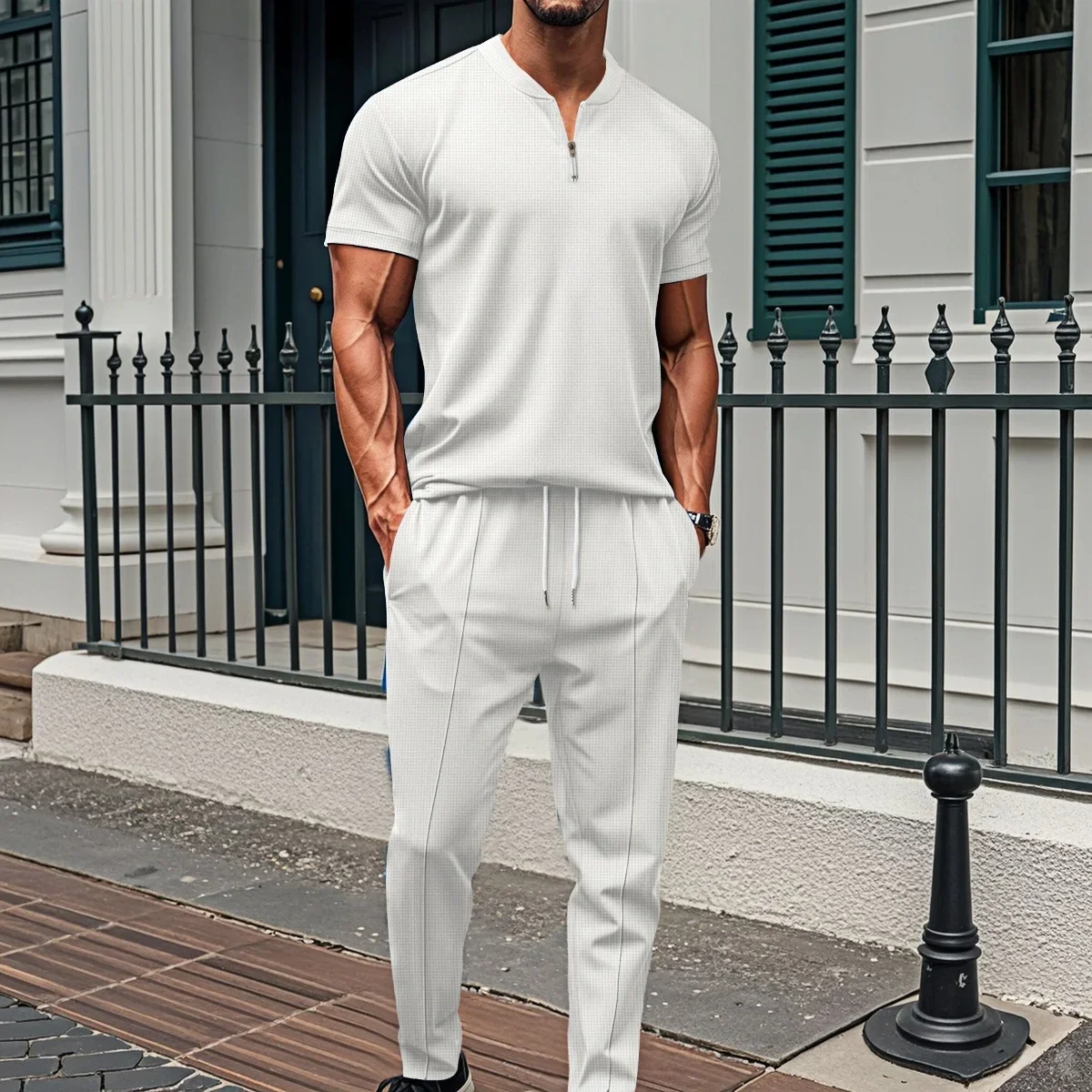 Men's Casual Loose Fit Two-Piece Set Short-Sleeved Pant Suit Waffle Check Zipper Stand Collar Solid Color Fashion Streetwear 5