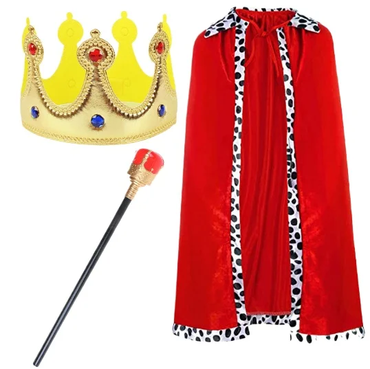 Halloween Adult King Red Cloak Costume Kids King Prince Robe Crown Velvet Cape Children Birthday Party Cosplay Accessory Suit