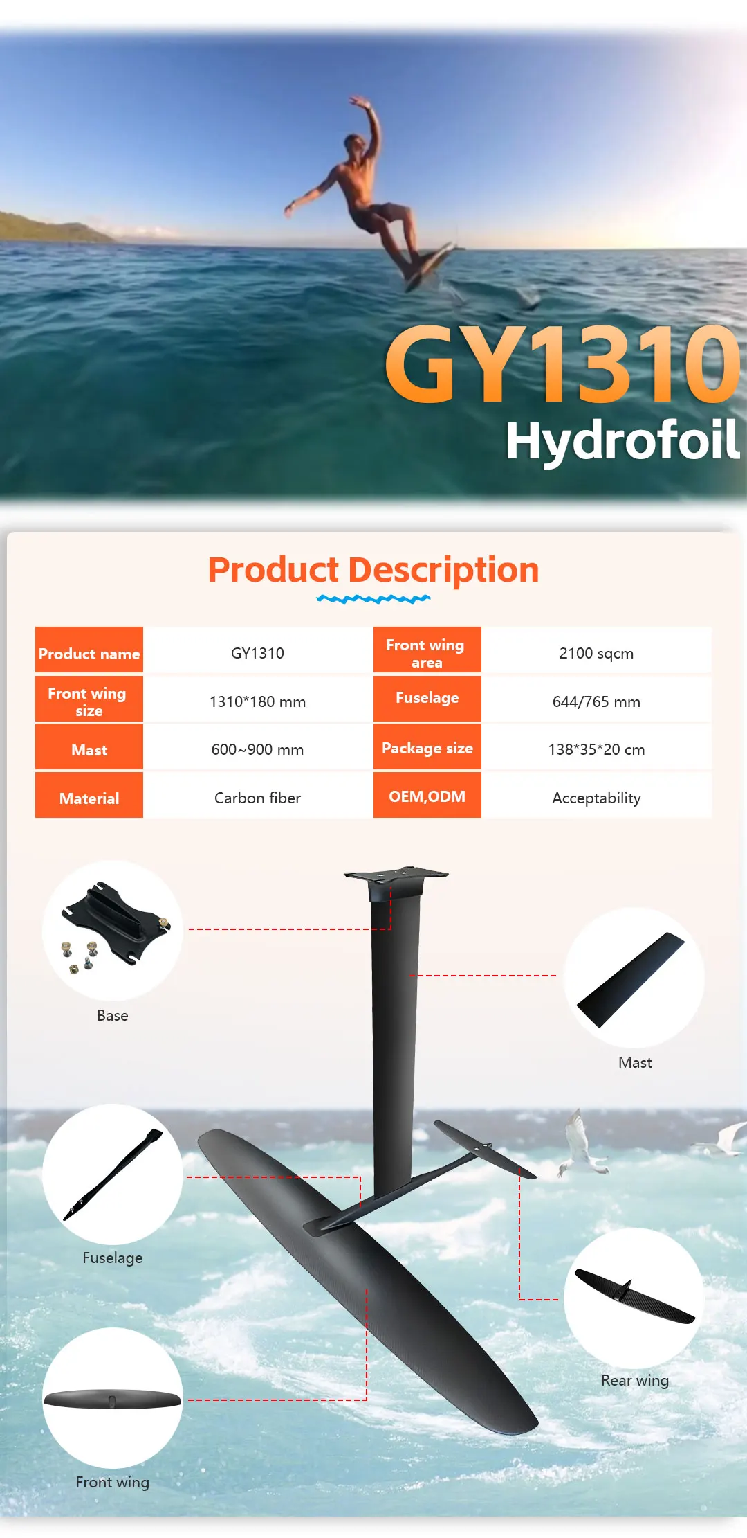 Description Picture 3 of itemHydrofoil Kitesurfing Carbon Fiber Hydrofoil GY-1310 with Large Blade 2100 sq cm 75 90 cm Aluminum Mast for Primary Surfing