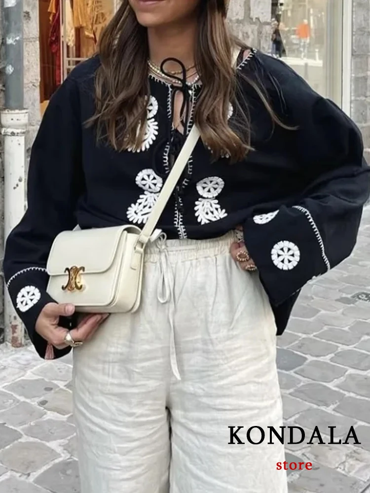 

KONDALA винтажные черные рубашки из 100% хлопка с вышивкой Женские рубашки с длинным рукавом с V-образным вырезом Женские Модные летние топы 2023