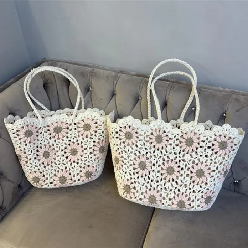Fashion Vintage Flowers Handmade Knitting Crochet Shoulder Bag Knitted Handbags Luxury Tote Women Designer Female Hand Bag