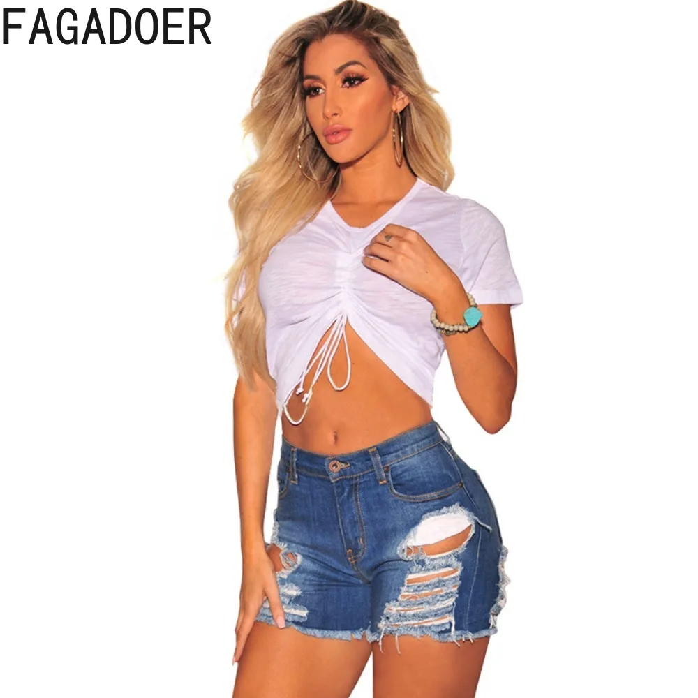 FAGADOER Fashion Denim Hole Slim Shorts Women High Waisted Button Pocket Jean Shorts Summer New Female Matching Cowboy Bottoms