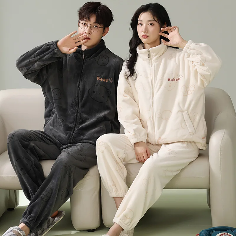 Cartoon Bear Sleepwear Men's Winter Pajamas Set Zipper Stand-up Collar Thicken Flannel Warm Pajamas for Couples Women Pijamas