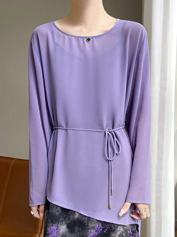See-through Chiffon Long Sleeves Thin Sun-proof Shirt Women Summer O-neck Simple Casual Solid Temperament Sheer Vacation Clothes