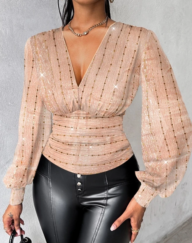 

Blouse for Women 2024 Spring Deep V Neck Sequined Plunge Lantern Sleeve Bodycon Shirt Sequin Mesh Top Solid Color Pullover