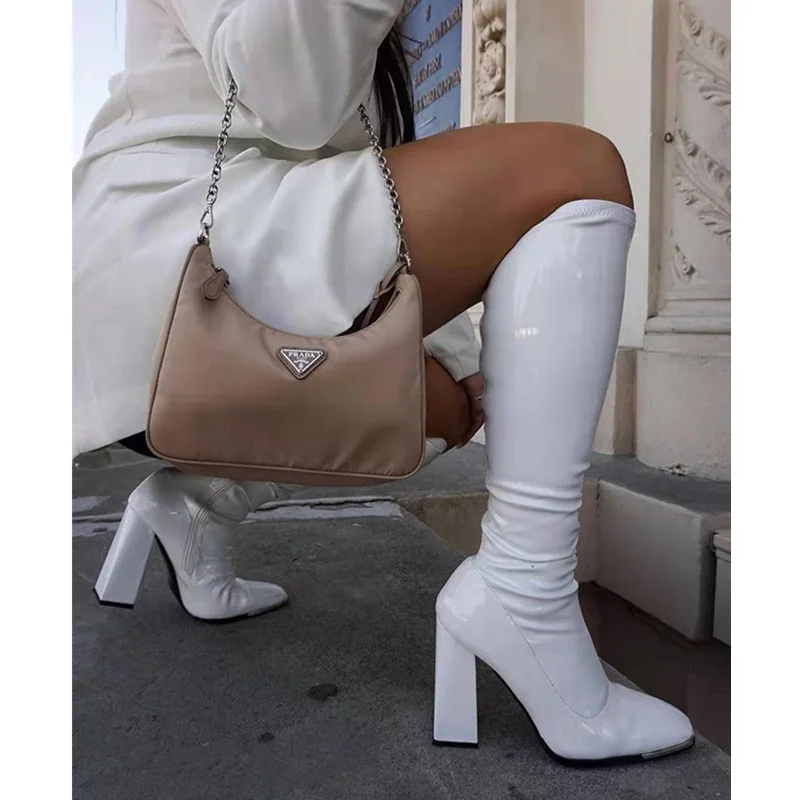 Brand Design Sexy Mid Calf Boots Women Autumn Winter New  Metallic Chunky High Heels Long Boots Female Large Size 43