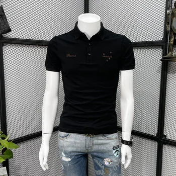 Polo maschile magliette Skinny Top ricamo nero Slim Fit abbigliamento bianco con colletto Tee Shirt per uomo Streetwear nuovo In stampa S