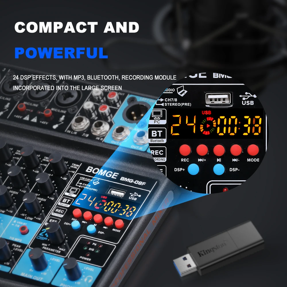 BOMGE 8 채널 미니 오디오 믹서 라인 믹서, DC 5V, Bluetooth, 48V, 소규모 클럽 또는 바용 24DSP 효과,  스튜디오 녹음-Freehip.co.kr