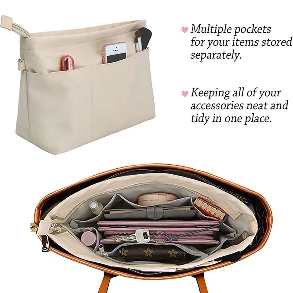 1Pcs Durable Storage Bags Insert Cosmetic Bag Felt Portable Linner Bag with Zipped Top Multi-Pocket Handbag Organizer Women