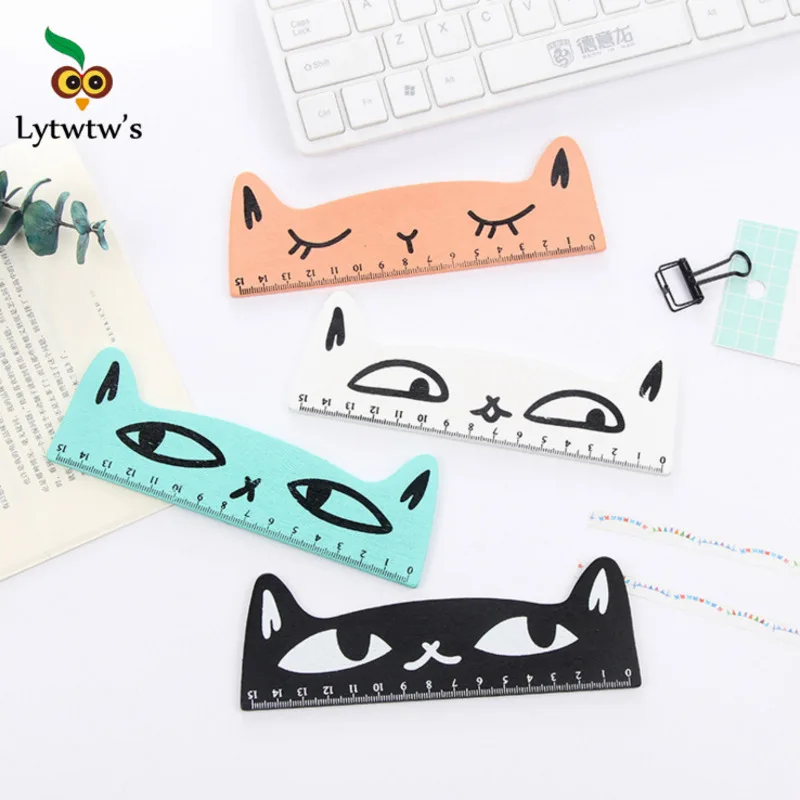 Drawing Ruler Straight Ruler 1 Pcs Lytwtw's Cute Kawaii Black Cat Kitten Straight Ruler Wooden Tools Cartoon Sewing Drawing Office School Stationery supplies