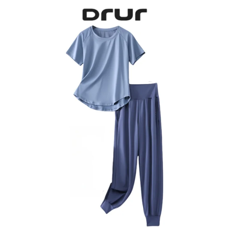 DRUR S-4XL Yoga Set Women Sport Shirts Gym Pants Set 2 Piece Short Fitness Tops Sweatpants Suit Female Summer Sportswear Outfit 1