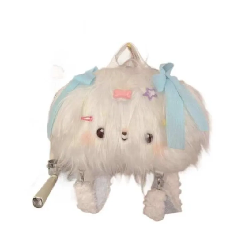 JIAERDI Sweet Cute Plush Lolita Handbag Women Bow Star Large Capacity Backpack Ladies Kawaii Long Hair Puppy Mochilas Mujer 2025