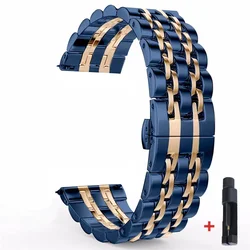 Elegant Stainless Steel Watch Strap - 20mm/22mm - Premium Metal Band - 20mm (Blue Rose Gold)