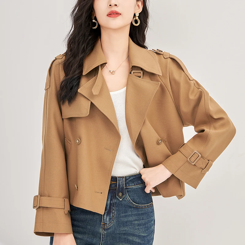 

Autumn Short Trench Coat For Women Turn-down Collar Long Sleeve Windbreaker Women's Double Breasted Jacket Woman Casual Coats