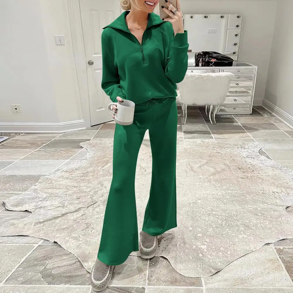 Oversized Sweatshirt Pants Set Thick Loose Solid Color Tracksuit Set with Lapel Coat Wide Leg Trousers for Fall Winter Zipper